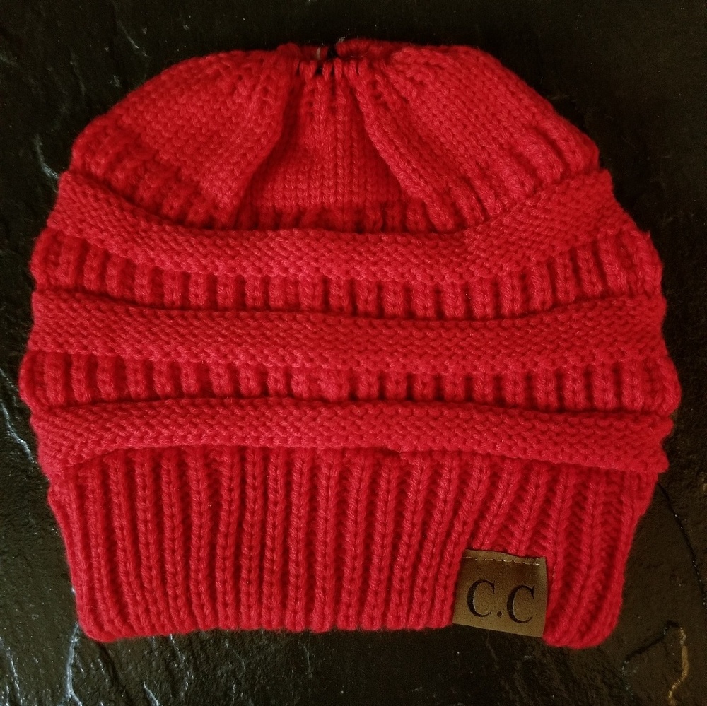 Sale! Red Messy Bun Ponytail Beanie Soft Knit Hat